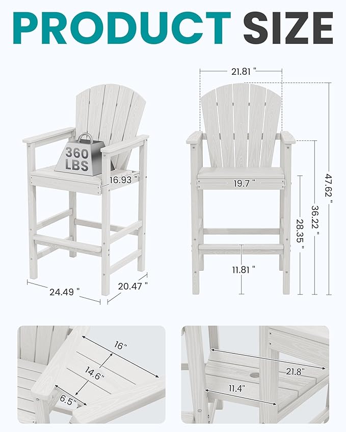SERWALL Tall Adirondack Chairs Set of 4 with Double Layer Connecting Tray, HDPE Bar Height Outdoor Chairs, Wood-Like Adirondack Bar Stools for Patio, Balcony, Porch, White