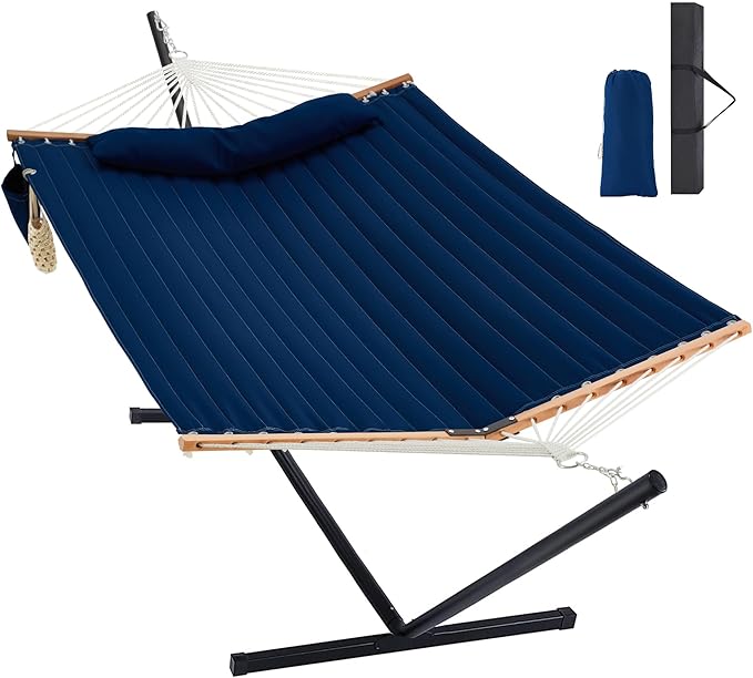 Homgava Two Person Hammock with Stand for Outside Heavy Duty, Outdoor Patio Hammock with Portable Steel Stand, Large Double Hammocks,480lbs Capacity.(Dark Blue)