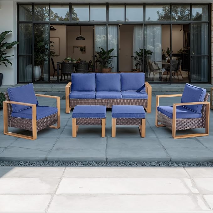 Rilyson Outdoor Wicker Patio Furniture Set - 5 Piece Patio Conversation Set with 2 Wicker Armrest Chairs,2 Rattan Ottoman and 1 Couch,Sturdy Frame,Thick Cushions,Deep Seating(Brown/Blue)