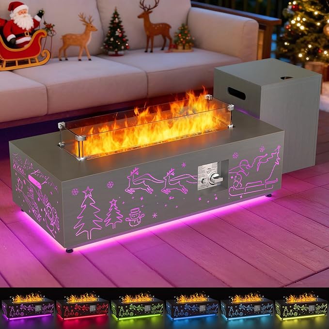 Dineli Propane Fire Pit Table 42 Inch Gas Fire Pits & Outdoor Fireplaces, Tabletop Fire Pit Firepits for Outside Patio, 50,000 BTU (Gray, Christmas Pattern with RGB Light)