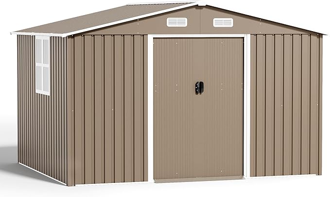 Kurapika 10×8 FT Outdoor Storage Shed Large Metal Tool Shed with Floor, Window and Lockable Door, for Garden, Patio, Backyard, Lawn(Brown)