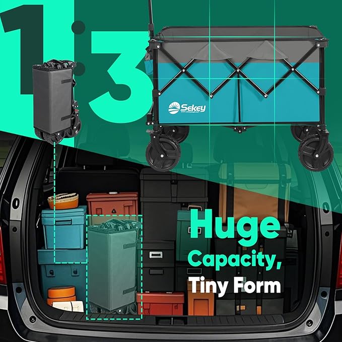 Sekey 220L Wagons Carts Foldable with Big All-Terrian Beach Wheels, Collapsible Heavy DutyWagon with Cup Holders, Extra Large Folding Wagon,Foldable Wagon for Camping, Garden, Sports.Turquoise