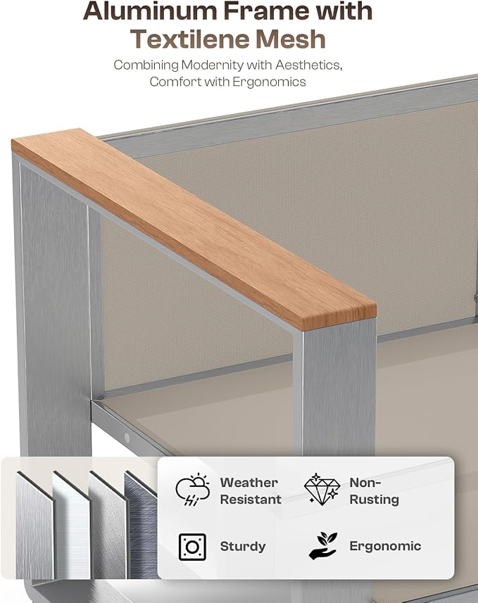 Outdoor Patio Furniture Set, 4 Piece Aluminum Patio Furniture Set with Wide Seat and Thick Cushions, Modern Outdoor Patio Conversation Sets for Deck, Porch (Teak-Gray)
