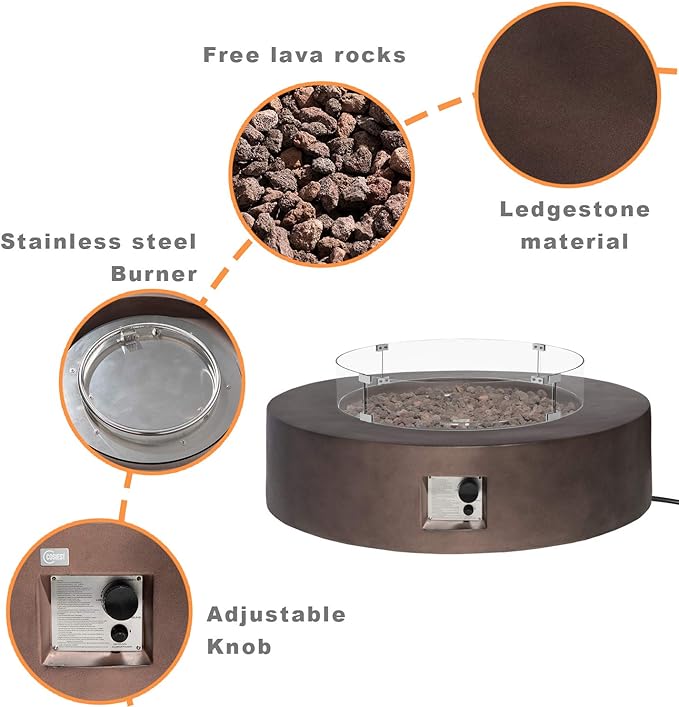 COSIEST Outdoor Propane Fire Pit Coffee Table w Bronze 42 inch Round Base Patio Heater, Certified, 50,000 BTU Stainless Steel Burner, Wind Guard, Tank Outside, Free Lava Rocks, Waterproof Cover