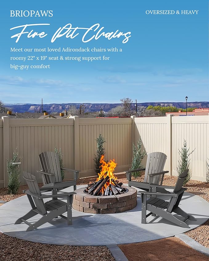 BRIOPAWS Adirondack-Chairs-Set of 4 | Fire Pit Chair | Oversized | HDPE Plastic | Weather Resistant | for Deck Outdoor Poolside Campfire | Grey