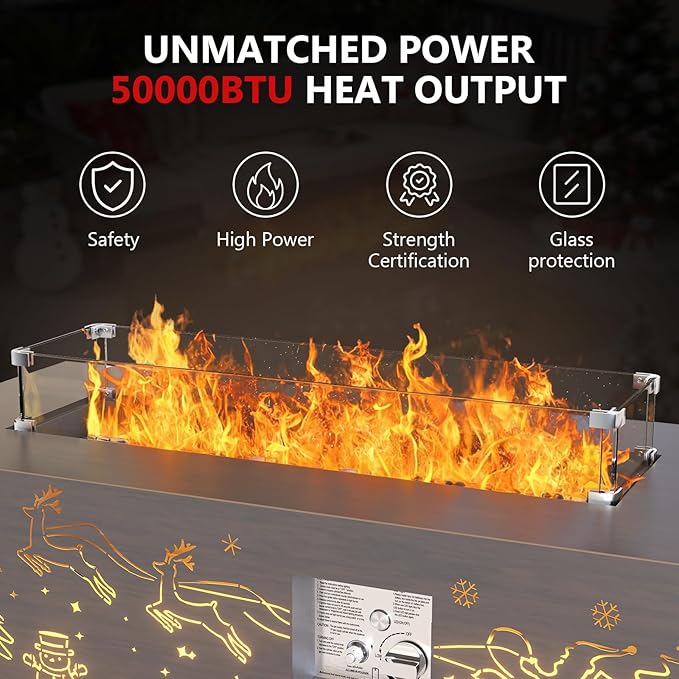 Dineli Propane Fire Pit Table 42 Inch Gas Fire Pits & Outdoor Fireplaces w LED, Tabletop Fire Pit Firepits for Outside Patio, 50,000 BTU (Gray, Christmas Pattern with Warmlight)