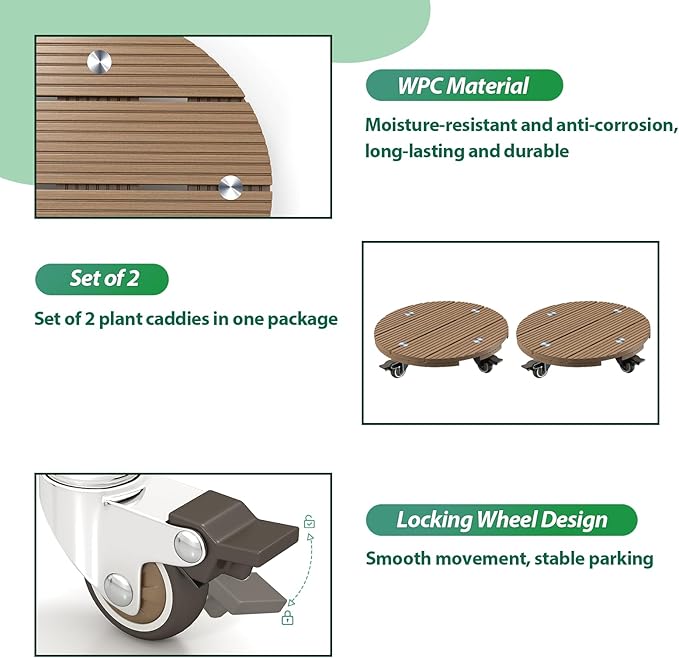 mondaria 2 Pack Plant Caddy with Wheels, 13.8" Wood Plastic Composite Plant Stand, Heavy Duty Round Plant Dolly with Metal 360° Lockable Caster Wheels for Large Plant Pots, Flower Pot ,Brown