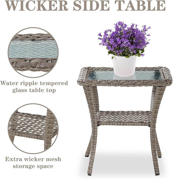 Belord 7-Piece Modern Gray Wicker Patio Conversation Set - 4 Swivel Glider Chairs & 50,000 BTU Propane Fire Table