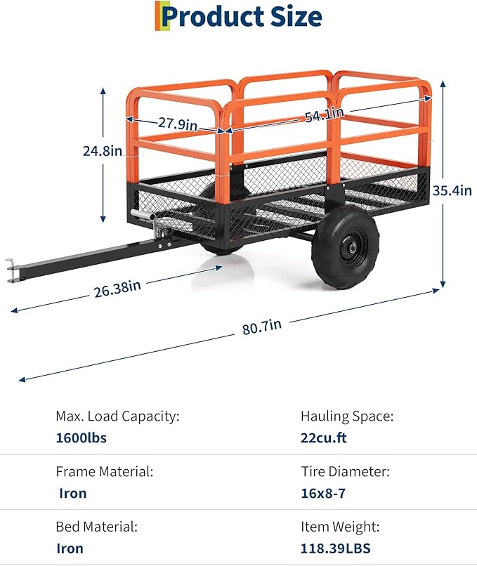 GarveeLife ATV UTV Trailer Tow Behind Dump Cart 22 Cu.ft 1600Lbs Steel, Heavy Duty Pull Behind Utility Dump Trailer for Lawn Mower Trailer Tractor Garden Yard with Removable Rear Panel