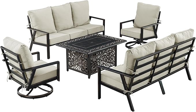 Oakland Living Black Aluminum Patio Fire Table Set with Two Deep Seating Sofa with Cushions and Two Club Chairs with Light Grey Cushions