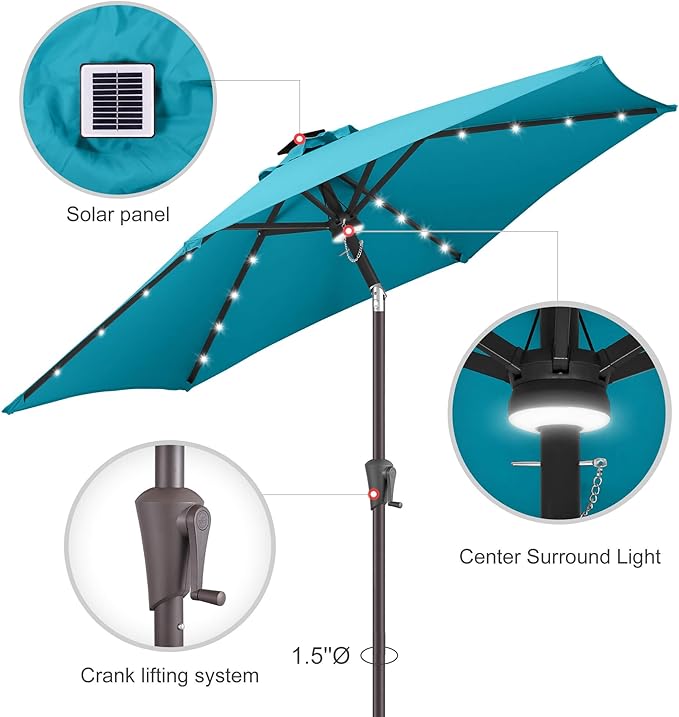 7.5ft Solar Umbrella Outdoor - Lighted Patio Umbrella with 24 LED Lights Waterprool Uv Protection, Table Umbrella with Tilt & Crank for Pool, Porch, Garden, Deck, Backyard(Sky Blue)