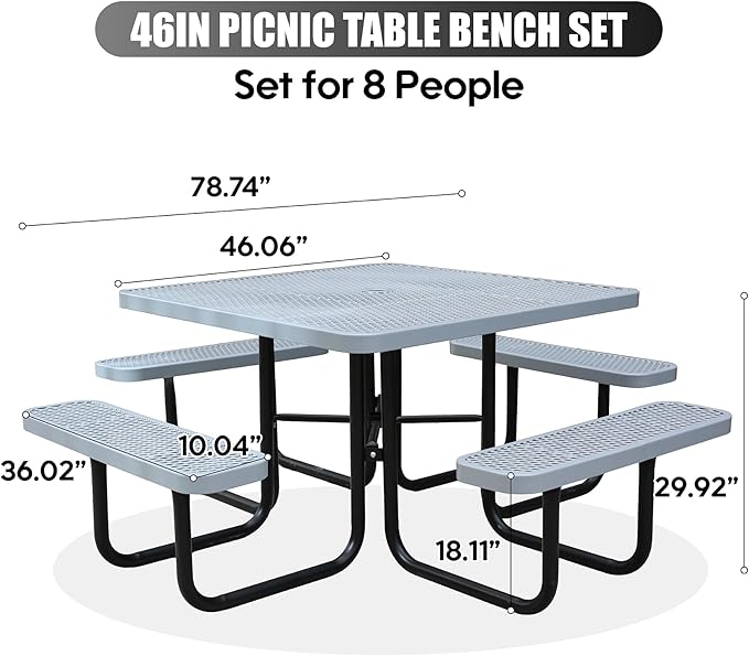 8-Person Outdoor Picnic Tables,46" Heavy-Duty Metal Square Picnic Table,Expanded Metal Commercial-Grade Table with 4 Benches & Umbrella Hole,Waterproof Coating Beach Table for Patio,Garden, Backyard