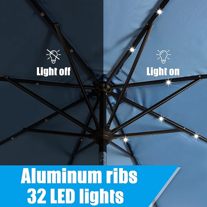 9FT Solar Umbrella 32 LED Patio Umbrellas with Tilt and Crank,Table Market Outdoor Umbrella for Garden,8 Ribs