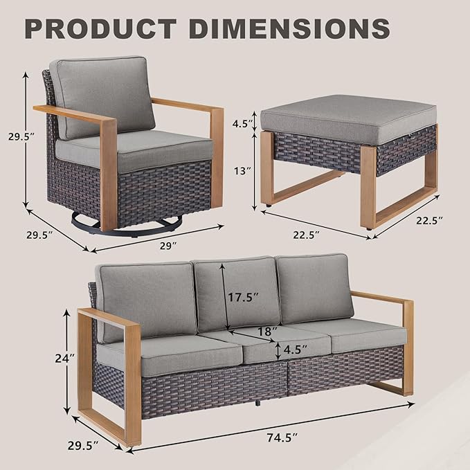 Rilyson Outdoor Wicker Patio Furniture Set - 7 Piece Patio Conversation Set with 4 Wicker Swivel Rocker Chairs,2 Rattan Ottoman and 1 Couch,Thick Cushions,Deep Seating,Wide Armrest(Brown/Grey)
