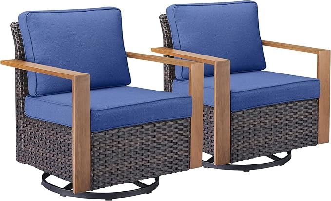 Rilyson Outdoor Patio Swivel Rocker Chairs - Wicker Rattan Patio Swivel Rocking Chairs Set of 2 with Metal Wide Armrest, Thick Cushions and Deep Seating for Deck Porch Sunroom Garden(Brown/Blue)