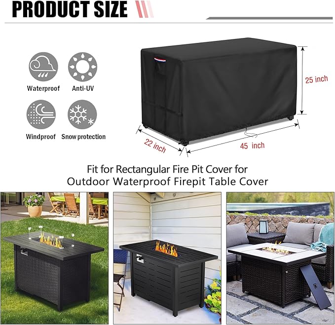 Fire Pit Cover Rectangular 45 Inch - Waterproof Outdoor Fire Table Cover Rectangle Heavy Duty, 600D Patio Propane Gas Firepit Cover Rectangular Tear Weather Resistant - 45 x 22 x 25 Inch