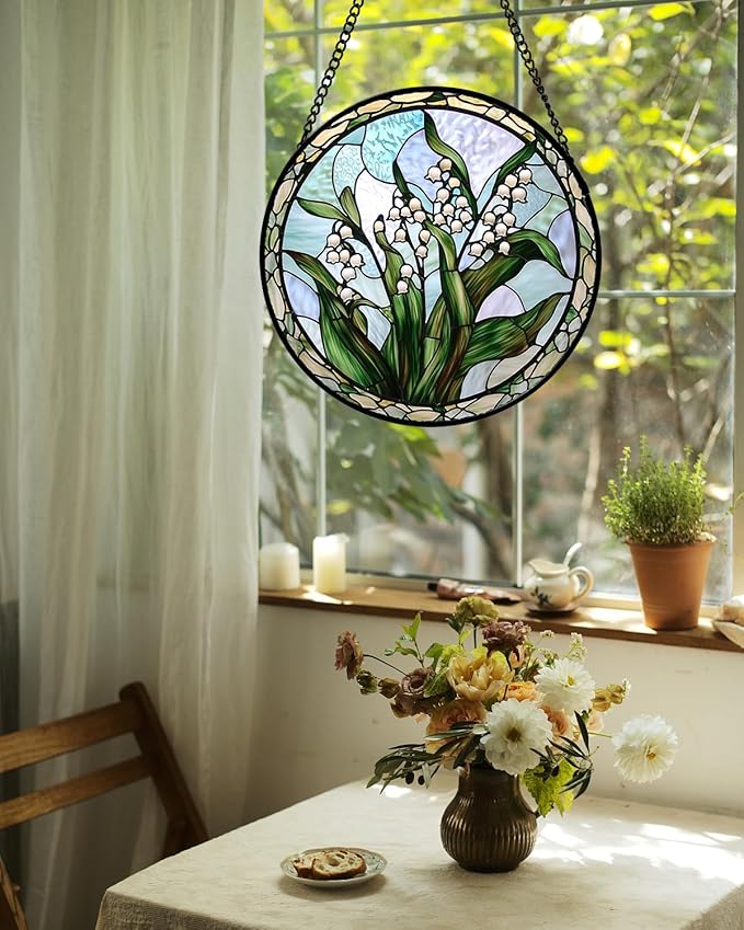 AMDERVEN Stained Glass Window Hanging, White Green Lily of The Walley Flowers Sun Catcher for Door Home Decor Plants Suncatcher Christmas Mother's Day Birthday Gifts for Women Men Mom Nana 9.8 in