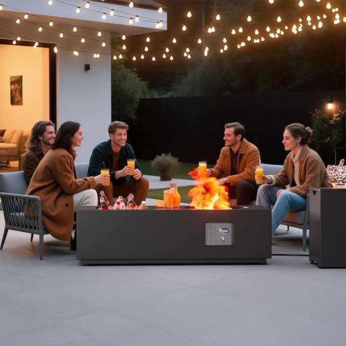 Dineli 2-Piece Outdoor Propane Fire Pit Table Set w Tank Table 48'' Rectangular Firepit w Ice Bucket Gas Fire Pits for Outside Patio Tabletop Fire Pits, 50,000 BTU, Black
