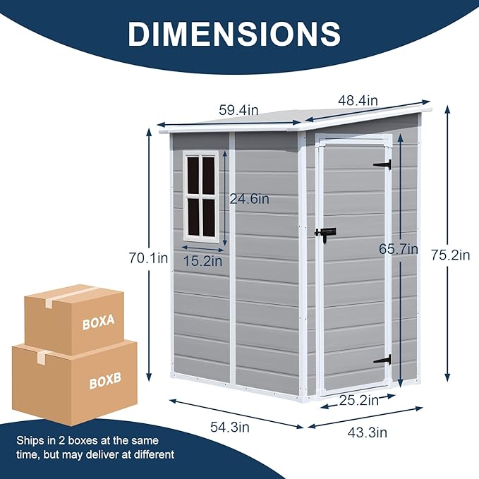CDCASA 5x4 FT Resin Storage Shed, Waterproof Outdoor Sheds with Floor & Window & Lockable Door Included, Outside Plastic Tool Sheds for Garden, Patio, Backyard, Lawn, Light Gray