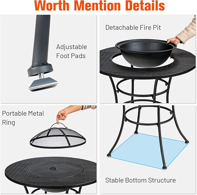 Tangkula 32 Inch Outdoor Fire Pit Dining Table, 4-in-1 Round Wood Burning Fire Pit Bowl, Patio Steel Firepit for BBQ, Bonfire, Camping, Includes Fire Poker, Cover, Grill, Log Grate, Spark Screen Cover