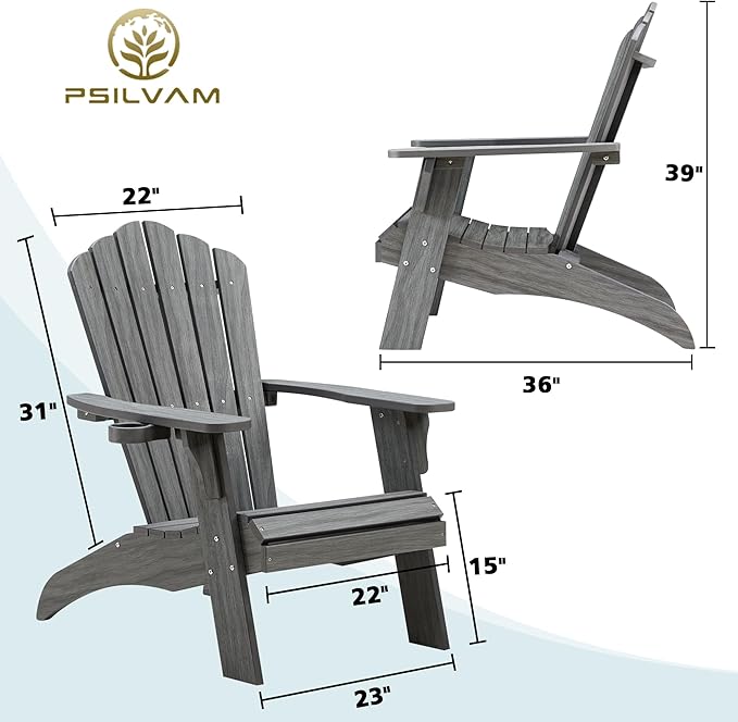 Psilvam Oversized Adirondack Chair, Fade-Resistant & Odor-Free Poly Lumber Fire Pit Chairs with Cup Holder, Weatherproof Outdoor Chair, Easy 15 Min Install Patio Chair, 350 Lbs Support (4, Gray)