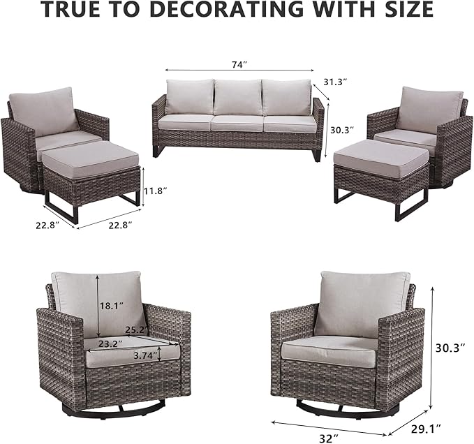 HUMMUH Patio Furniture Set 5 Piece Outdoor Sectional Sofa,PE Wicker Patio Swivel Rocker Chairs with Ottomans for Porch,Garden,Backyard