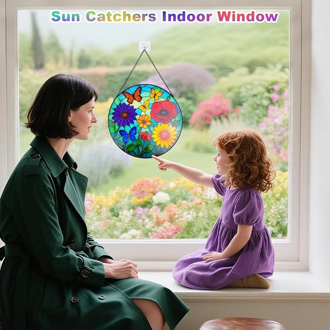 Wildflowers Stained Glass Window Hanging - Wildflowers Suncatcher for Indoor Window, Floral Stained Glass Decor for Garden, Home, Outdoor, Sun Catchers Birthday Gift for Women,Lovers and Mom 12 Inch