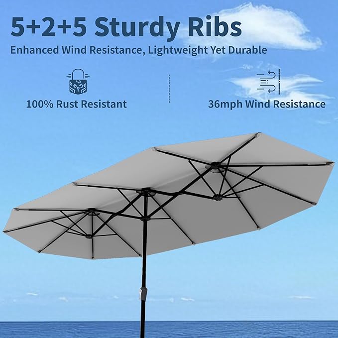 15FT Double Sided Patio Umbrella with Base Included Large Outdoor Market Umbrella with Crank Handle, UV Resistant Canopy, Sturdy Frame for Garden, Poolside, Deck, Light Gray