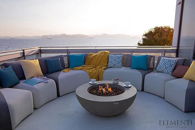 Elementi Lunar Bowl Cast Concrete Fire Table Bundle, Outdoor Fire Pit Fire Table Patio Furniture, Light Gray (Natural Gas)