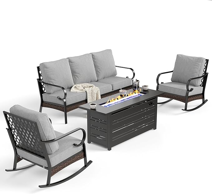 SUNSHINE VALLEY 4 Piece Black Metal Outdoor Patio Furniture Sets with Firepit Table, Patio Conversation Sets 1 3-Seater Sofa, 2 Rocking Sofa with 5.75" Cushion Backyard Furniture for Deck, Light Gray
