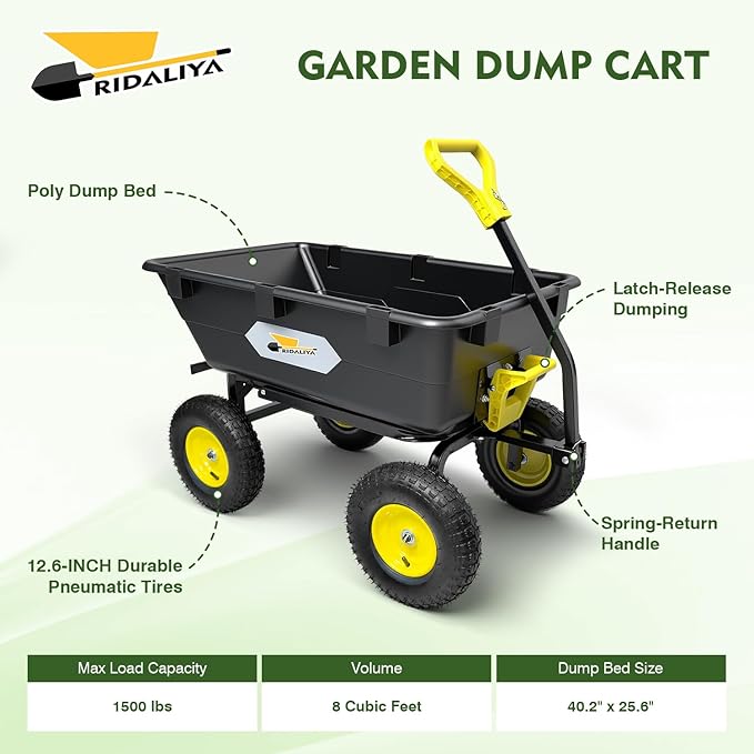 Garden Dump Cart, Heavy-Duty Utility Wagon with 1200 lbs Capacity, 6 Cu Ft Bed, 12.6" Pneumatic Tires, 180° Pivot Steering for Yard, Lawn, and Beach Use