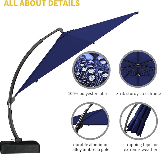 Kingdura 12ft Cantilever Patio Umbrella with Base Included, Large Round Offset Outdoor Pool Umbrella, 360° Rotation & Infinite Tilt, Heavy Duty Aluminum Frame for Deck Backyard, Navy blue