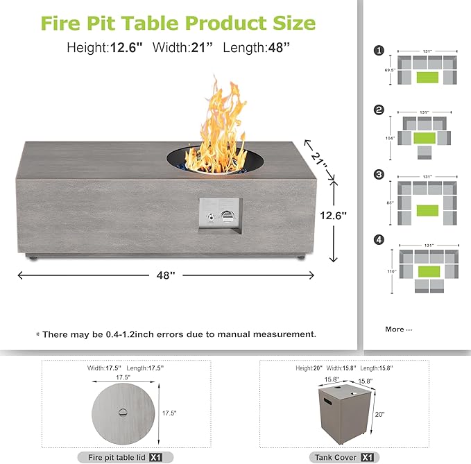 Dineli 2-Piece Outdoor Propane Fire Pit Table Set w Tank Table 48'' Rectangular Firepit Gas Fire Pits for Outside Patio Tabletop Fire Pits w LED, 50,000 BTU (Gray with RGB Light)