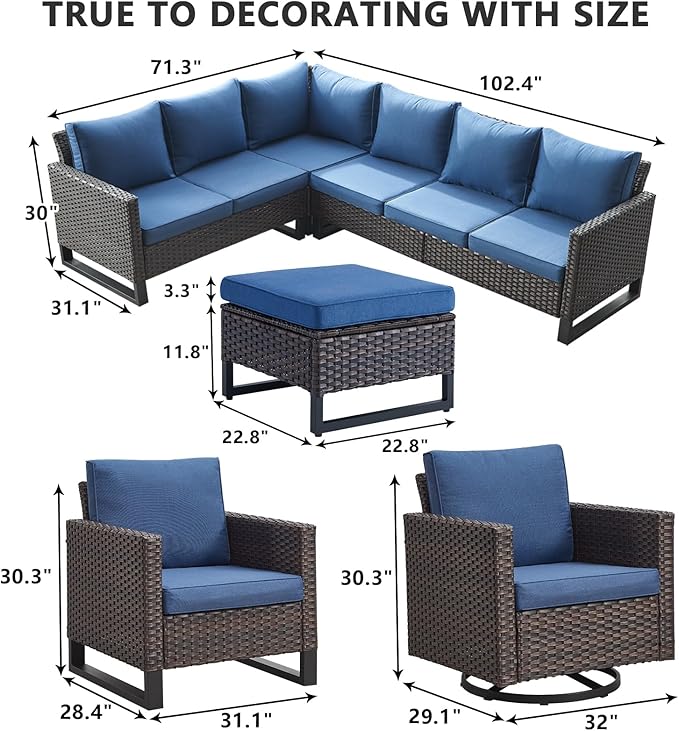 HUMMUH 8 Piece Patio Furniture All Weather 6-Seater Outdoor Sectional Sofa with Patio Swivel Chairs and Outdoor Chairs Ottomans for Porch,Garden,Backyard,Deck(Brown/Blue)