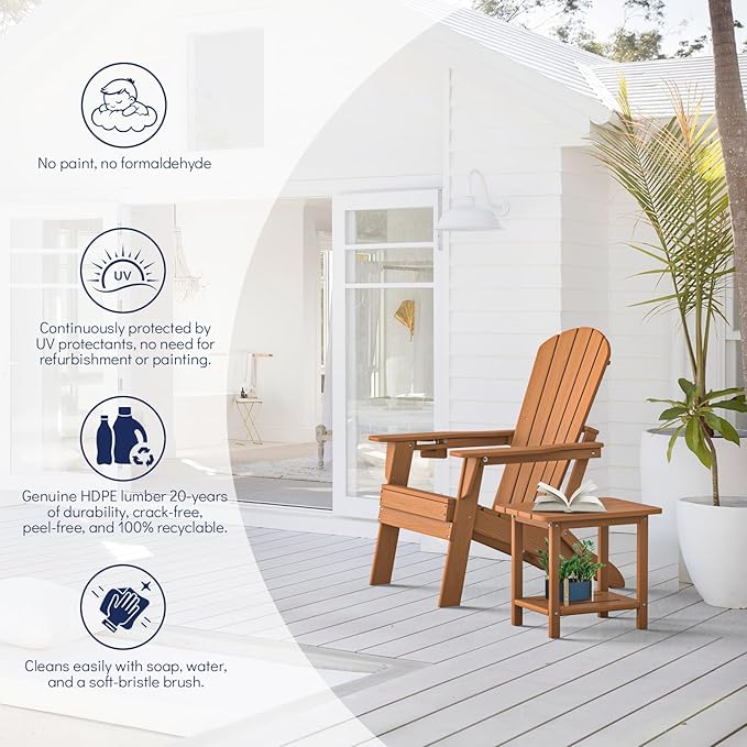 Plawdlik Folding Adirondack Chair, SGS Tested, Wooden Textured with Cup Holder, Heavy All-Weather HDPE Comfortable Set Poolside Backyard Lawn Teak Set 4