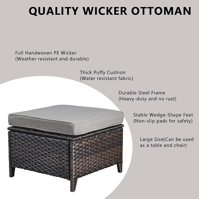 Rilyson Wicker Outdoor Patio Furniture Set - 8 Piece Patio Conversation Sets with Swivel Rocker Chairs, Ottomans, Sofa and Coffee Table, 6 inch Cushions, Deep Seating, for Porch Deck Brown/Grey