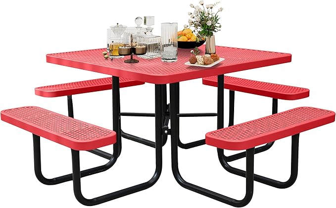 Sunnibety 8-Person Picnic Tables for Outdoors, Industrial 46" Expanded Metal Square Picnic Table with 4 Benches & Umbrella Hole, Outside Table and Bench Set for Garden, Backyard, Porch, Patio, Red