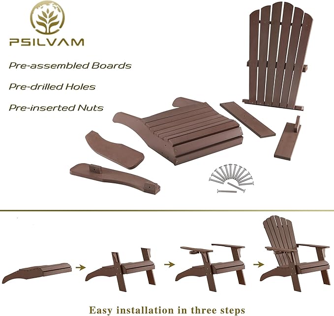 Psilvam Adirondack Chair, Oversized Poly Lumber Fire Pit Chair with Cup Holder, 350Lbs Support Patio Chairs for Garden, Weather Resistant Adirondack Chair Looks Like Real Wood (2, Brown)