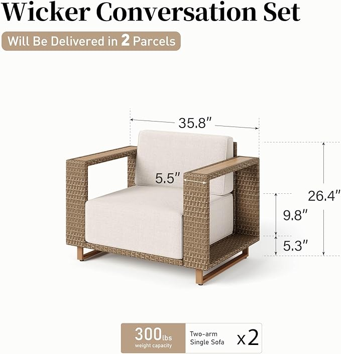 Patio Furniture Set,Outdoor Rattan Wicker Armchairs with 10''Ultra-Thick Cushions,All Weather Patio Conversation Set for Lawn Garden Backyard,Beige