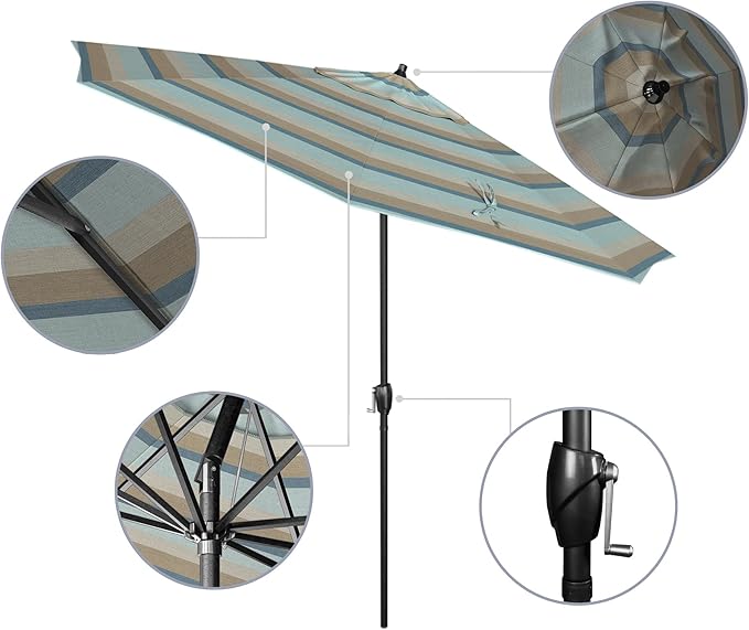 California Umbrella 9' Rd Aluminum Patio Umbrella, Crank Lift, Auto Tilt, Black Finish, Sunbrella Gateway Mist