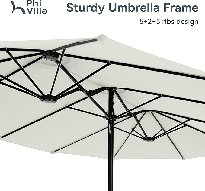 PHI VILLA 15ft Large Patio Umbrellas with Base Included, Outdoor Double-Sided Rectangle Market Umbrella with Stand, Outside Umbrellas for Poolside Lawn Backyard, Ivory