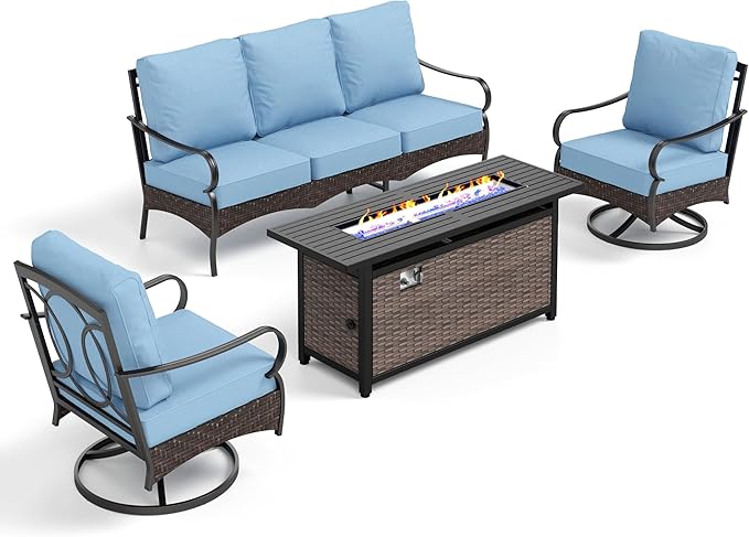 PHI VILLA Patio Furniture Set with 56" Fire Pit Table, Premium Outdoor Wicker Metal Frame Furniture with Upgraded Waterproof Thick Cushions for Porch, Poolside, Deck, and Yard （4 Pieces,Blue）