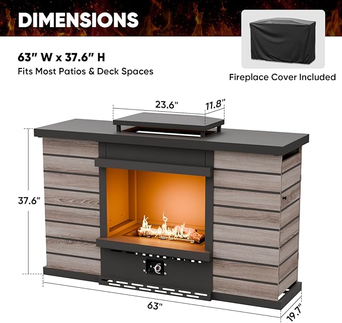 EAGLE PEAK Outdoor Propane Fireplace 50,000 BTU Ventless Gas Fireplace with Hidden Storage & Adjustable Flame, Patio Heater for Decks Backyards, Gray/Tan