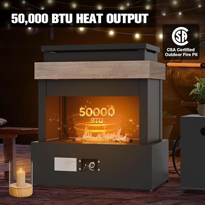 EAGLE PEAK Outdoor Propane Fireplace 50,000 BTU Gas Fireplace with Storage & Adjustable Flame, Patio Heater for Decks Backyards, Gray/Beige