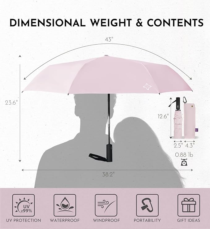 UV Travel Umbrella for Sun Protection & Rain, Compact Windproof Folding, Refined craftsmanship, Auto Open/Close, 43" Canopy with color coating, UPF 100+ UV Blocking, TSA Approved
