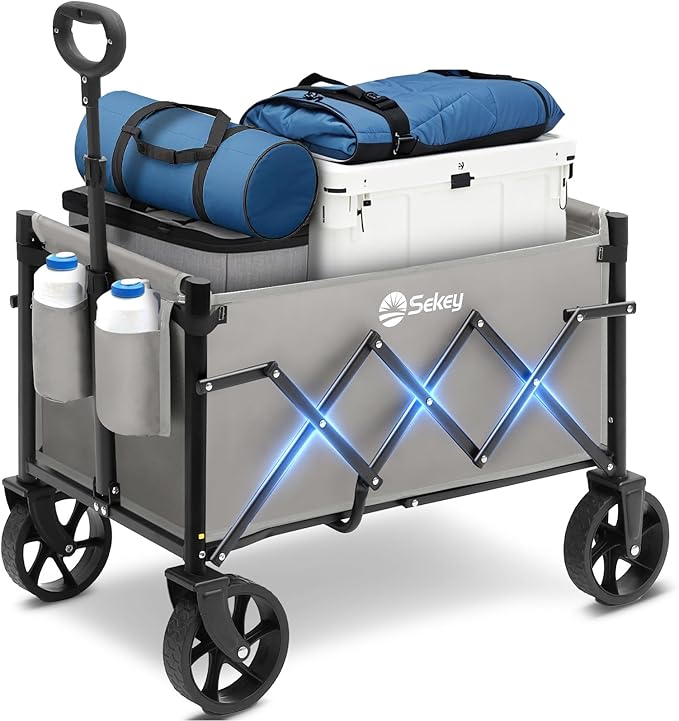 Sekey Wagon Cart with Wheels with 220LBS Capacity,Heavy Duty Wagon Carts Foldable with Drink Holders,Lightweight Utility Portable Cart for Grocery, Shopping, Garden, Camping. Gray