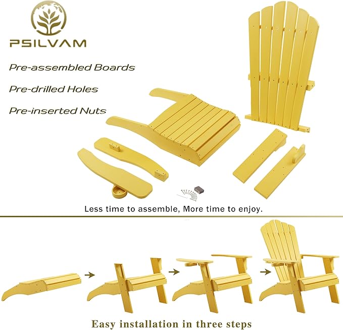Psilvam Adirondack Chair, Oversized Poly Lumber Fire Pit Chair with Cup Holder, 350Lbs Support Patio Chairs for Garden, Weather Resistant Adirondack Chair Looks Like Real Wood (2, Yellow)