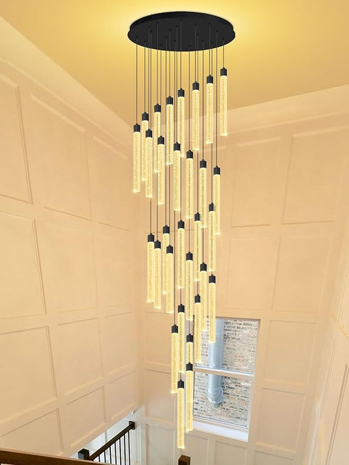 177‘’ Long Crystal Column Chandelier Black 30-Light Extra Large Staircase Chandelier High Ceiling Dimmable Led Ceiling Lighting Foyer Entryway Light Source is Replaceable