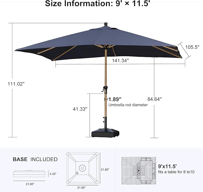 PURPLE LEAF 9' x 11.5' Patio Umbrella with Base Outdoor Umbrella Market Umbrella with Crank & 8 Ribs Aluminum Rectangular Table Umbrella Outdoor Patio for Backyard, Navy Blue
