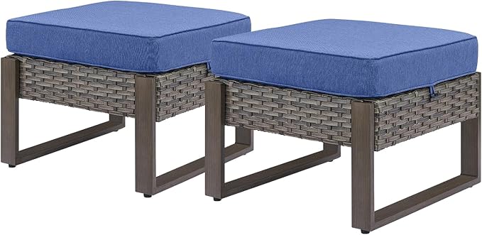 Rilyson Outdoor Ottoman Wicker Patio Footrest - 2 Piece Wicker Footrest Footstools Set with Sturdy Frame,All-Weather PE Wicker, Thick Cushions for Deck Porch Garden(Mixed Grey/Blue)
